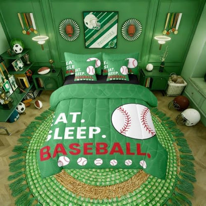 Erosebridal Games Kids Baseball Green Full Comforter Set 7 Pieces | White Red Gaming Bed in A Bag for Bedroom Softball Sports Bedding Set with Comforters Boys Girls Teens Room Decor