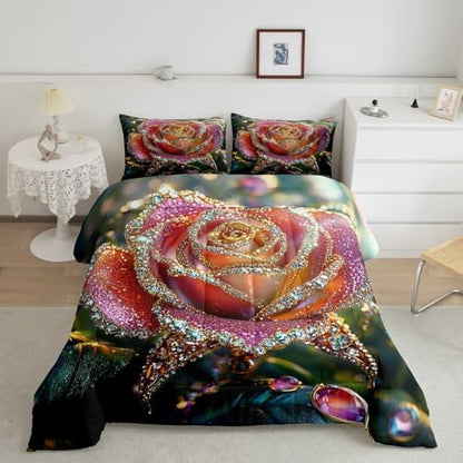 jejeloiu Glitter Rose Comforter Set Full Size Kids Rose Floral Flower Bedding Set for Boys Girls Teens Garden Flower Duvet Breathable Romantic Quilt Bedroom Decor,1 Comforter with 2 Pillowcase