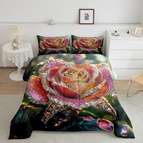jejeloiu Glitter Rose Comforter Set King Size Kids Rose Floral Flower Bedding Set for Boys Girls Teens Garden Flower Duvet Breathable Romantic Quilt Bedroom Decor,1 Comforter with 2 Pillowcase