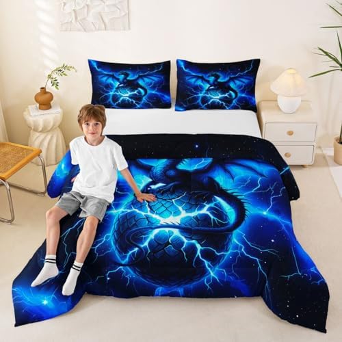 Feelyou Dragon Kids Comforter Set King Size Chic Outer Space Starry Sky Bedding Set ungle Animals Dragon Duvet Quilt for Kids Boys Girls Bedroom Black Blue Decor Microfiber Ultra Soft Breathable