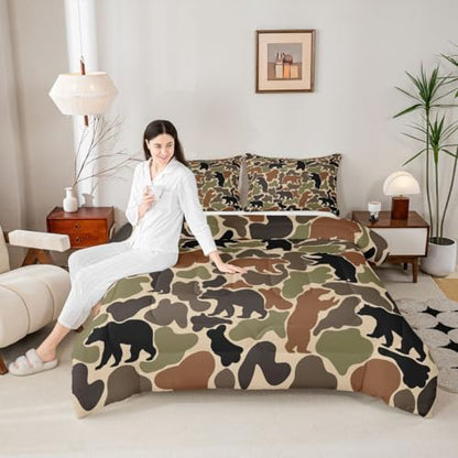 Army Green Camouflage Comforter Set Queen Size,Brown Black Bear Silhouette Bedding Sets 3Pcs for Women Room Decor,Hunting Bear Camo Quilted Duvet Hunter Military Theme Down Comforter,2 Pillowcases