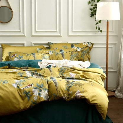 Garden Style Bird Duvet Cover Twin XL Vintage Boho Floral Duvet Cover Cotton Flowers Comforter Cover on Gold Yellow Bedding Set Farmhouse Floral Bedding Comforter Cover with 2 Pillowcases Twin XL Size
