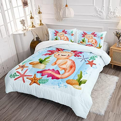 HOSIMA Axolotl Bedding Set for Kids Room Decor,Cartoon Axolotl Starfish Pattern Kawaii Bedding Set,Queen Comforter Set for Girls Child Boys,Cartoon Sea Animals Comforter Twin with 2 Pillowcase.