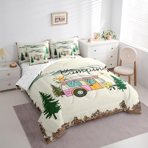 Erosebridal Happy Camping Comforter Set Queen Size,Camper RV Bedding Set for Kids Teens,Watercolor Tree Mountain (Comforter+Fitted+Flat Sheet+2 Pillowcases+2 Throw Pillow Covers) 7 Pieces Bed Set