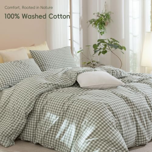 JIYUAN California King Washed Cotton Duvet Cover Set,Classic Gingham
