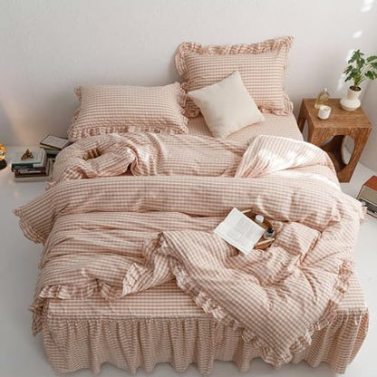 mixinni Vintage Pink Gingham Ruffle Comforter Set 3-Piece Washed Cotton Twin XL Size Grid Bedding Set with Geometric Checkered Pattern, Farmhouse Chic Soft Fluffy Comforter for All-Season