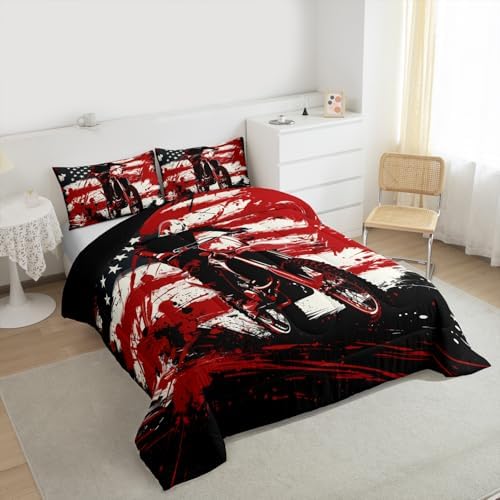 Feelyou Motocross Bedding Set Soft for Boys Girls,American Flag Pattern Comforter Set Queen Dirt Bike Duvet Quilt Red Splatter Elements Bedroom Decor Motorbike 3 Pcs with 2 Pillow Cases