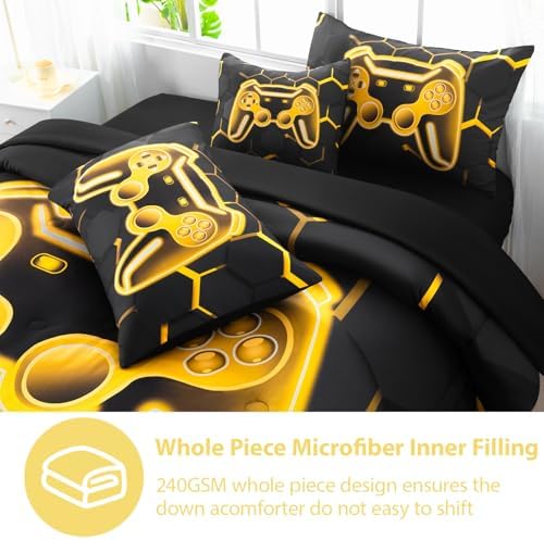 6 Pieces Gamer Comforter Set Full Size 3D Game Console Kids Bedding Set for Boys Black and Gold Gaming Comforter Set with Sheets Gamepad Printed Teen Boy Bed Sets (Gold, Full)