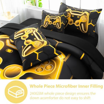 6 Pieces Gamer Comforter Set Full Size 3D Game Console Kids Bedding Set for Boys Black and Gold Gaming Comforter Set with Sheets Gamepad Printed Teen Boy Bed Sets (Gold, Full)