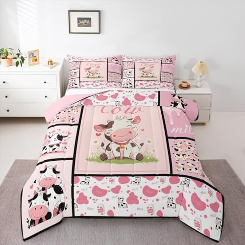Cute Cow Print Comforter Set Full Size Kawaii Highland Cow Bedding for Boys Girls Lovely Farmhouse Animal Decor Bedding Comforter Sets Pink Milk Cow Print Duvet Insert Plaid Stripe Quilt