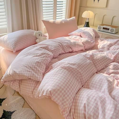 LifeTB Pink Gingham Comforter Set Twin XL Aesthetic Pink White Plaid Checkered Comforter Set 3 Pieces Grid Bedding Comforter with 2 Pillowcases Soft Lightweight Gingham Bedding Set Twin XL