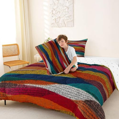Castle Fairy Rainbow Embroidered Waves Boys Girls Comforter Set Full Size,Bohemian Wavy Duvet Set Teens Bedroom Decor,Geometric Tribal Ethnic Microfiber Soft Bedding 3PCS