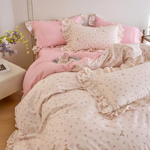Pink Flower Duvet Cover Set Twin Size, Cute Bear Stripes Bedding Set with Ruffle Lace, 100% Cotton Cottagecore Style Girls Princess Lace Comforter Cover Botanical Floral Duvet Cover with 2 Pillowcases