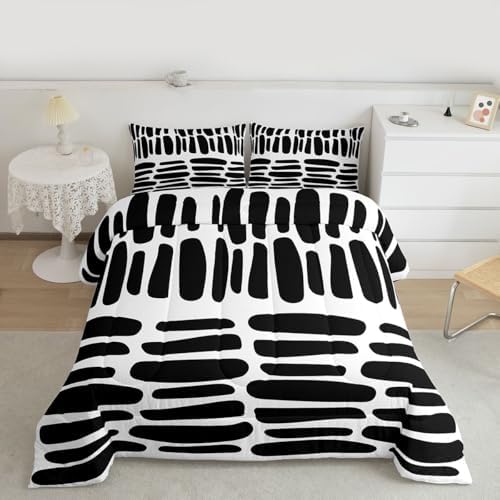 jejeloiu Modern Geometric Bedding Set Soft for Boys Girls, Black White Abstract Comforter Set Full Size Boho Duvet Quilt Microfiber Luxury Bedroom Decor 3 Pcs with 2 Pillow Cases