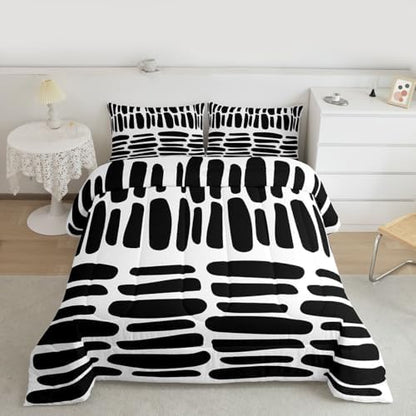jejeloiu Modern Geometric Bedding Set Soft for Boys Girls, Black White Abstract Comforter Set Full Size Boho Duvet Quilt Microfiber Luxury Bedroom Decor 3 Pcs with 2 Pillow Cases