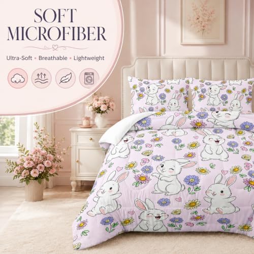 AILONEN Rabbit Comforter Set Twin Size, Cute Bunny Bedding Set,Girls Kids Kawaii Comforter Set,Colorful Daisy Floral Duvet Set 3 Pieces, 1 Quilt and 2 Pillowcases
