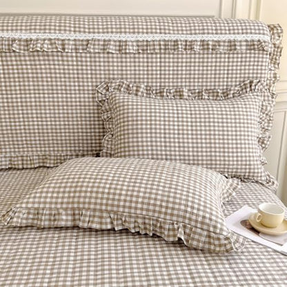 mixinni Tan Gingham Ruffle Duvet Cover Twin Size 3 Pieces – 100% Washed Cotton, Vintage Plaid Ruffled Bedding Set with Zipper Ties, Soft Cream Checkered Grid Farmhouse Chic Comforter Cover Set