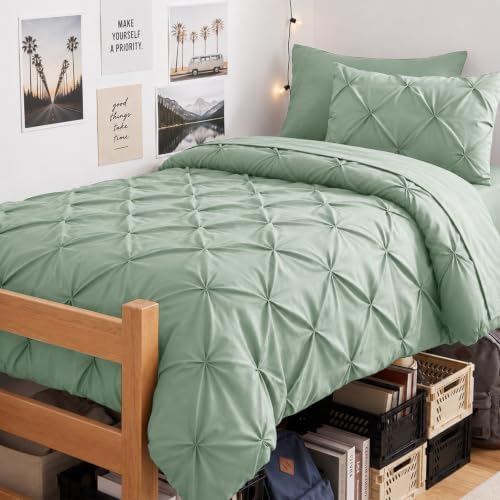 CozyLux Twin Comforter Set Sage Green, 5 Pieces Pintuck Bed in a Bag