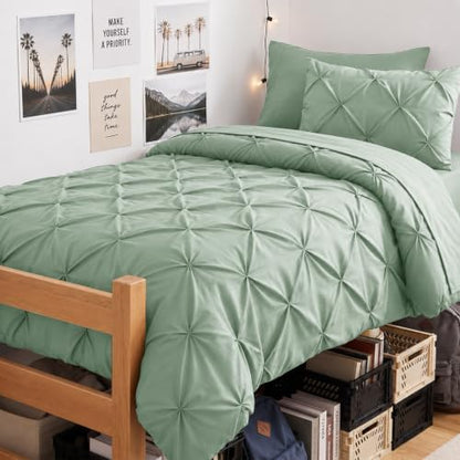 CozyLux Twin Comforter Set Sage Green, 5 Pieces Pintuck Bed in a Bag