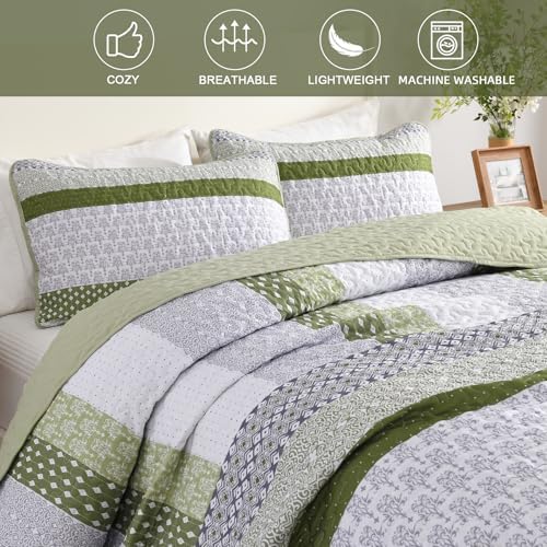 WONGS BEDDING Quilt Queen Size Olive Green, Bohemian Stripe Bedspread