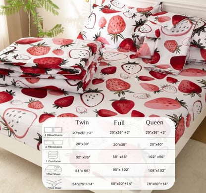 SDY 7PCS Strawberry Comforter and Sheet Set Queen Size, Cute Kawaii Pink Bedding Set for Girls, Kids Includes 1*Comforter,1* Flat Sheet, 1*Fitted Sheet,2*Pillowcases and 2*PillowcaseShams