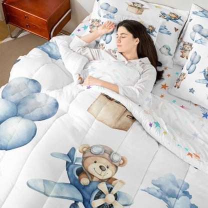 Erosebridal Cartoon Aircraft King Size Comforter Set with Sheets, Cute Bear Airplane Propeller Plane 7 Pcs Bedding Set for Boys Girls Adults, Bird Animals Bed in A Bag, Balloon Star Cloud Bed Sets