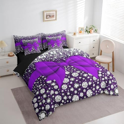 Erosebridal Purple Bowknot Bed in a Bag King Size Comforter Set 7 Pieces,Kawaii Bow Knot Sheet Set,Silk Ribbon Bedding Set,Glitter Sequin Print Diamond Bed Set Dreamy Princess Style Cute Dorm Decor