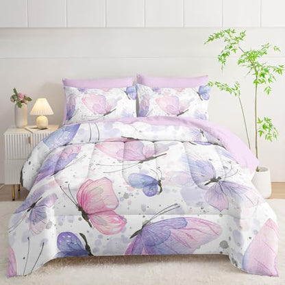7Pcs Comforter Set Butterflies Printed Bedding Set with 1 Comforter, 1 Flat Sheet, 1 Fitted Sheet and 4 Pillowcases for Boys and Girls Bedroom All Season(Butterflies-2 Twin)