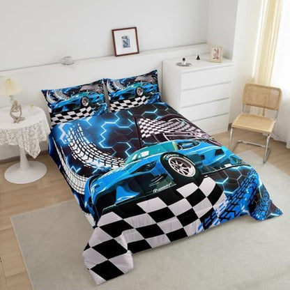 Toddler Race Car Bed for Boys,Teal Neon Lights Honeycomb Toddler Bedding Sets for Boys Cool Sports Car Glitter Beehive Geometric Hexagon Comforter Set,Black White Lattice Quilt Buffalo Plaid Decor