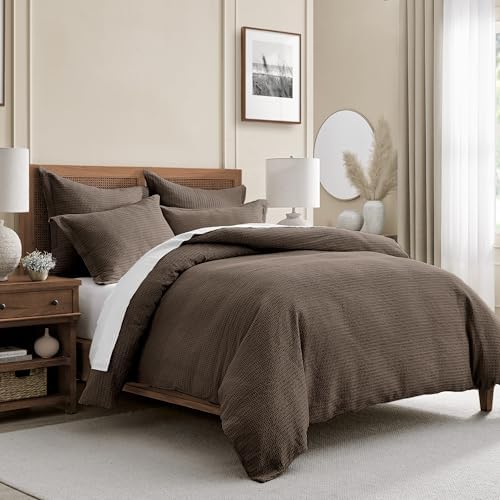 Levtex Home Cloud Waffle Full/Queen Comforter Set (90x94in) with 2 Pillow Shams (26x20in) - Solid Waffle Cotton Texture - Cocoa - 100% Cotton Full/Queen Size Comforter Set - Soft, Pre-Washed