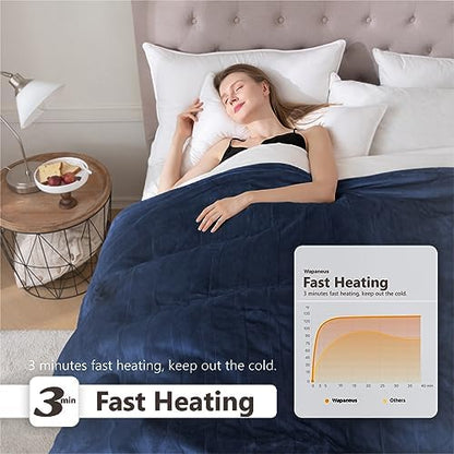 Wapaneus Heated Blanket Electric Blanket 62" x 84" Twin Size with 10 Heating Levels and 12 Hours time Settings, Flannel Fast-Heating Electric Blanket, ETL Listed, Machine Washable,Dark Blue