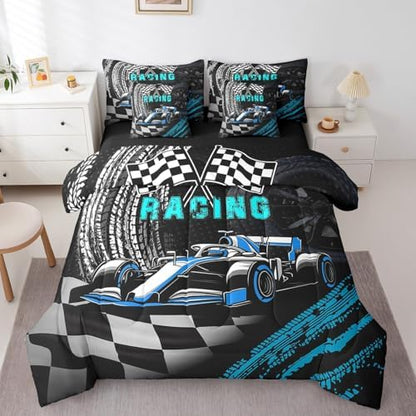 Kids Boys Sports Car Comforter Set 7 Pieces,Blue Race Car Bed Set,Extreme Sports Theme Bedding Bed in a Bag Soft,Twin (1 Comforter,2 Pillowcase,2 Pillow Covers,1 Flat Sheet,1 Fitted Sheet)