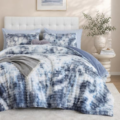 Smoofy Fluffy Twin Size Comforter 2 PCS - Tie Dye Blue Fleece Bedding Set