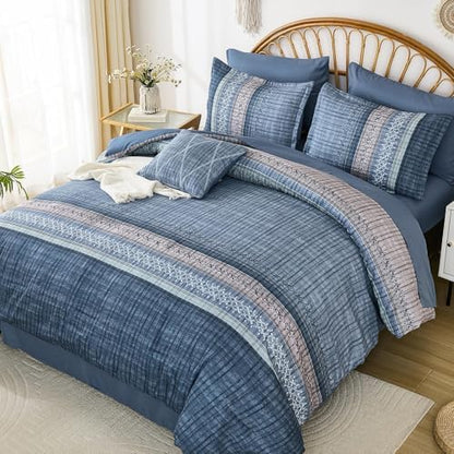 Dintszyayue Blue Comforter Set Cal King Size, 8 Pieces Boho Striped Bed in a Bag Soft Microfiber Bedding Set for All Season