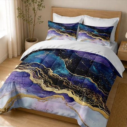 CCoutueChen Marble Bedding Sets Queen, Blue and Purple Watercolor Comforter with Morden Aesthetic Pattern, 3 Pcs Warm Microfiber Bed Set with 2 Pillowcases, 90"x90"