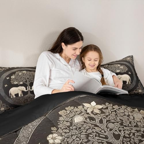 Manfei Boho Elephant Kids Comforter Set Full Size,Tree of Abstract Life Western Tribal Bedding Set,Girls Boys Room Decor,Flowers Plant Botanical Quilt Comforter,Black Retro Duvet Insert,2 Pillowcases