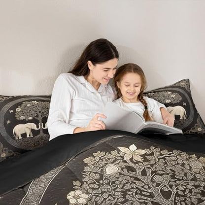 Manfei Boho Elephant Kids Comforter Set Full Size,Tree of Abstract Life Western Tribal Bedding Set,Girls Boys Room Decor,Flowers Plant Botanical Quilt Comforter,Black Retro Duvet Insert,2 Pillowcases