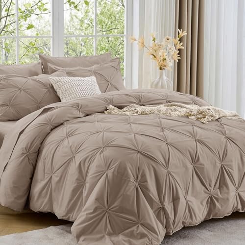 Sasttie Oversized King Comforter Set, 7-Piece Bed in a Bag, Pintuck Bedding Sets for All Season, Includes Comforter, Flat Sheet, Fitted Sheet, Pillowcases and Pillowshams, Dark Linen
