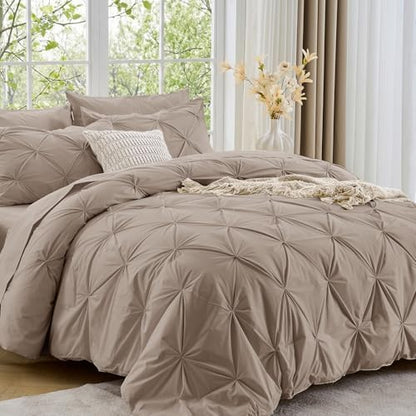 Sasttie Oversized King Comforter Set, 7-Piece Bed in a Bag, Pintuck Bedding Sets for All Season, Includes Comforter, Flat Sheet, Fitted Sheet, Pillowcases and Pillowshams, Dark Linen