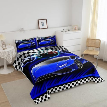 Feelyou Blue Race Car Bedding Set for Kids Boys Girls Toddler Size