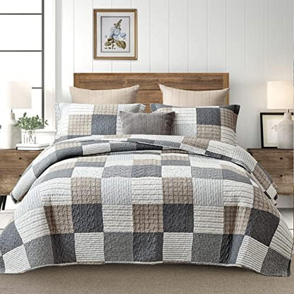 Y-PLWOMEN 100% Cotton King Size Quilt Farmhouse Plaid 3-Pieces Bedding