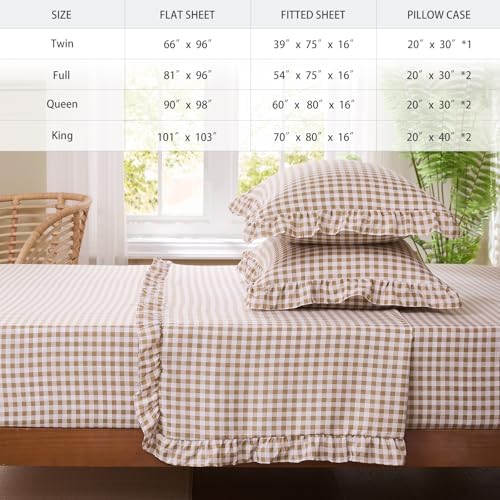 Gingham Twin Sheet Set, Lightweight Super Soft Brushed Microfiber Plaid Bed Sheets with 16" Deep Pocket, 3 Piece Ruffle Farmhouse Bedroom Decor, Taupe