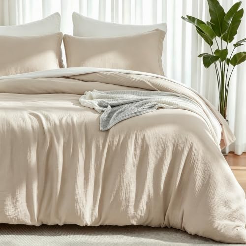EMME Muslin Cotton Duvet Cover Set Linen Like Beige King