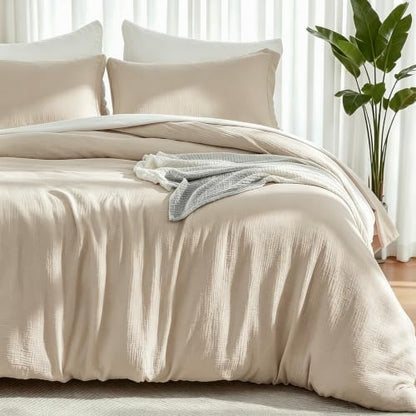 EMME Muslin Cotton Duvet Cover Set Linen Like Beige Queen
