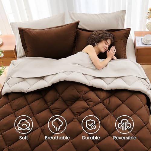 MUXHOMO 7 Pieces Oversized King Comforter Set, Reversible Bed in a Bag Oversized King Size, All Season Bedding Set with Comforter, Flat Sheet, Fitted Sheet, Pillowcases & Shams, Brown & Khaki