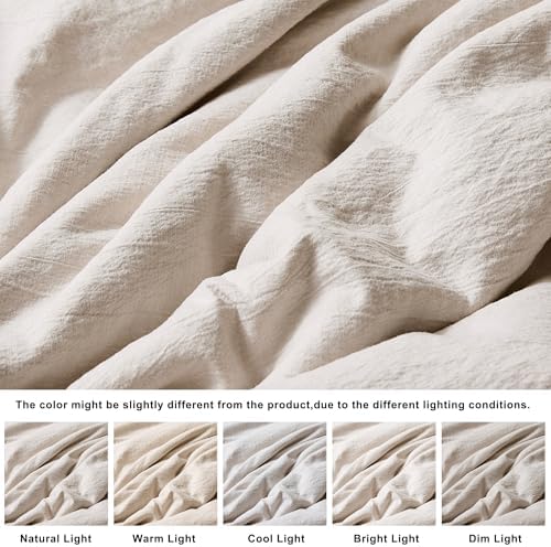 WDCOZY Beige King Size Jacquard Duvet Cover Set with Zipper Closure, Modern Washed Soft Striped Bedding, Textured Seersucker Like Cotton Linen, 1 Duvet Cover and 2 Pillow Shams, No Comforter