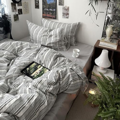 mixinni Washed Cotton Duvet Cover Twin Set - 3 Piece Gray & White Striped Bedding with Pillowcases | Vintage Industrial Style | 100% Cotton Soft Breathable-Twin Size