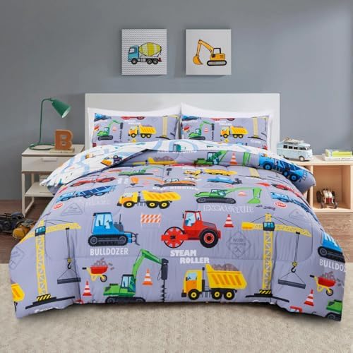 Holawakaka Boys Construction Truck Excavator Twin Comforter Set with Sheets