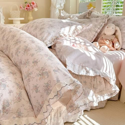 VM VOUGEMARKET Lace Ruffle Duvet Cover Set Twin,Vintage Garden Floral Bedding Set,Double-Layer Gauze Cotton Soft,Breathable & Lightweight for Teen Girls-68 x86
