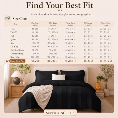 CozyLux Super King Plus Comforter Set Black - Oversized 128x120 Bed Set